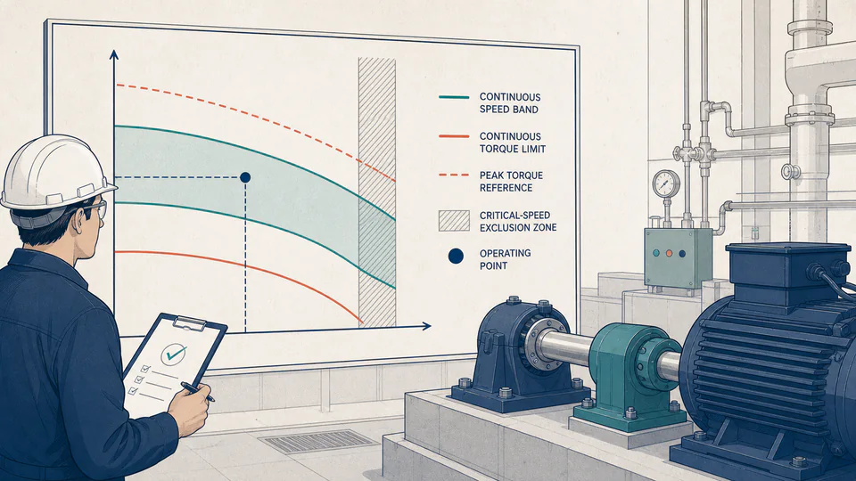 Editorial machine-room scene with one shaft point checked against speed, torque, peak, and resonance boundaries.