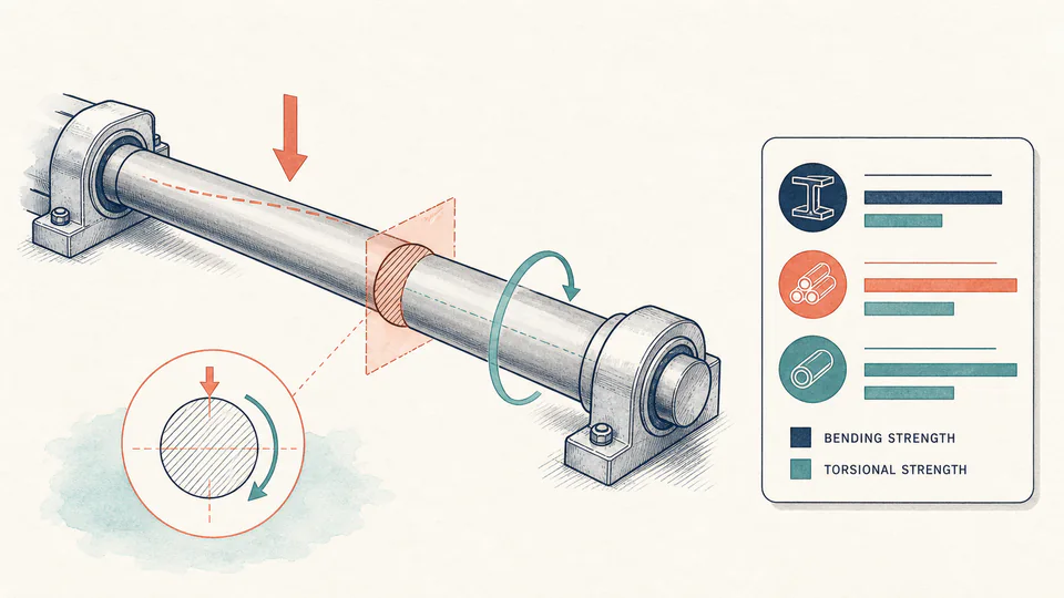 Editorial engineering cutaway of a solid rotating shaft under a bending arrow and a torsion arrow, with the critical cross-section highlighted.