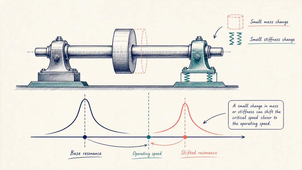 Editorial rotor-dynamics scene showing a shaft on bearings, a base resonance marker, and a shifted marker moving toward the operating-speed line after mass and stiffness changes.