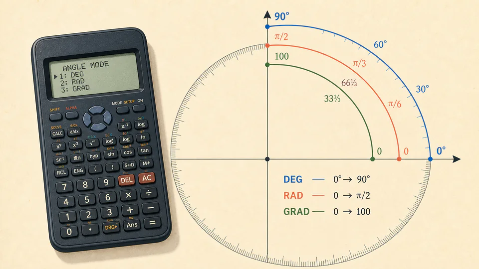 A calculator beside a circular diagram showing one quarter-turn in degrees, radians, and gradians