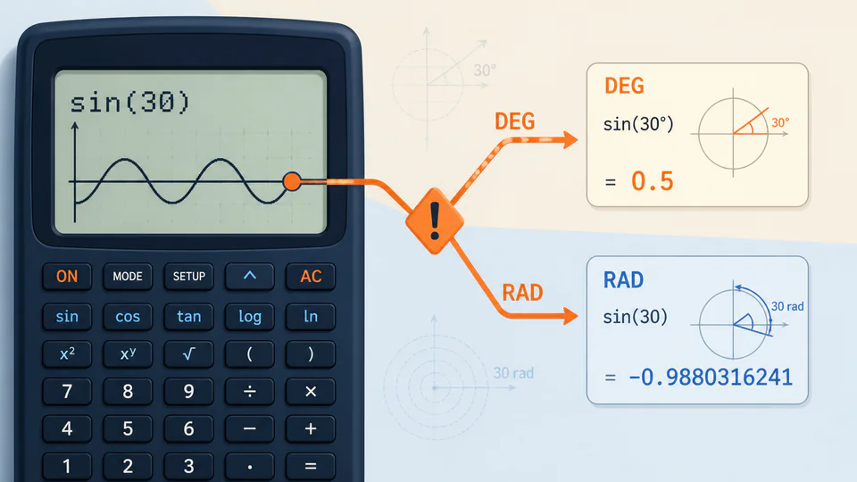 A sine-wave input splitting into degree and radian paths with different result cards