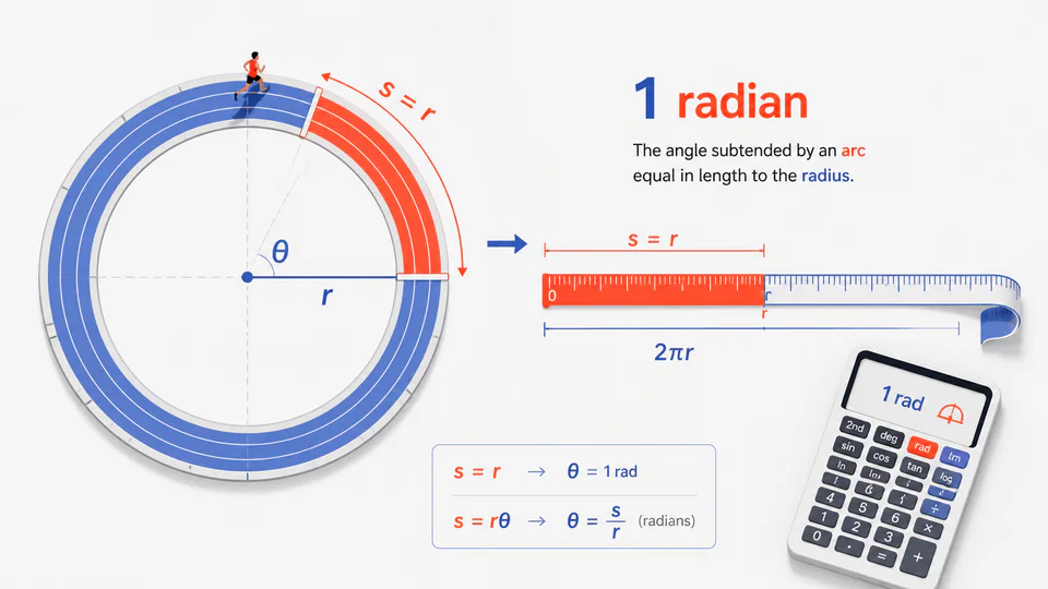 A circular arc unrolled into a ribbon whose length equals the radius, illustrating one radian