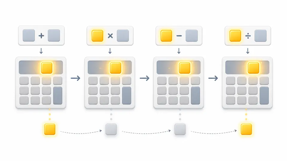 A chain of calculator operations passing one glowing answer tile from step to step