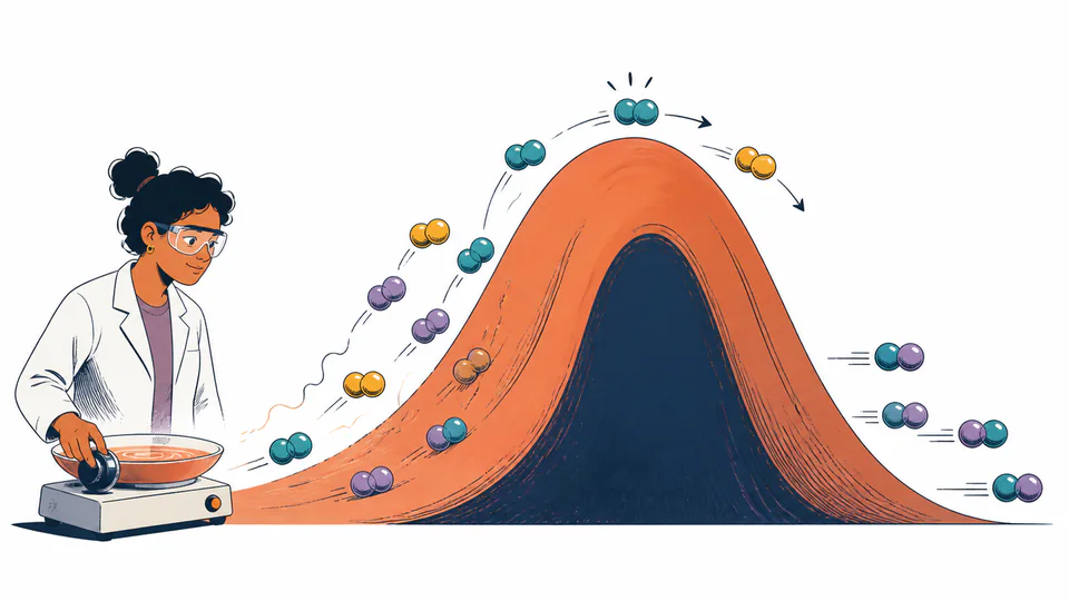 A chemist warms a molecular system while paired particles cross a large activation-energy hill and rearrange on the far side