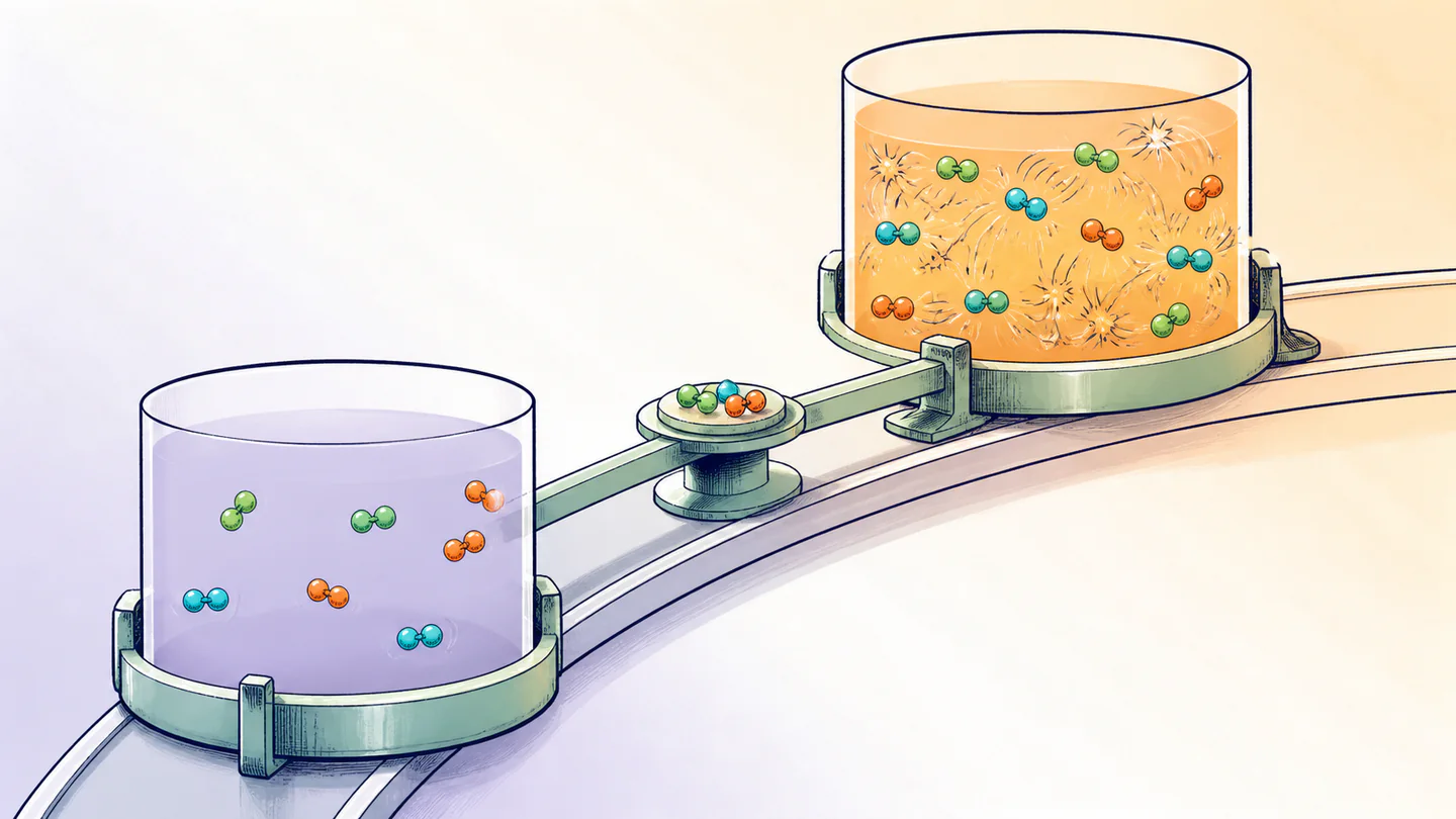 Identical molecular systems sit along one rail, with sparse short paths in a cool vessel and dense energetic motion in a warmer vessel