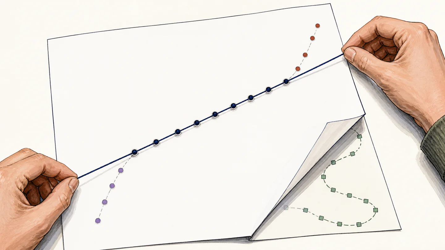Hands stretch a straight thread through central data points while markers at both extremes curve away and a folded layer reveals another path