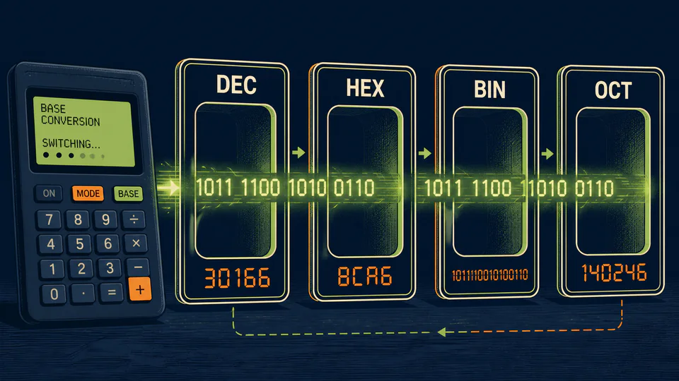 The same group of bits passing through decimal, hexadecimal, binary, and octal windows