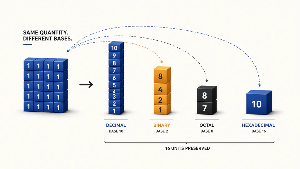 A stack of digital blocks rearranged into decimal, binary, octal, and hexadecimal towers