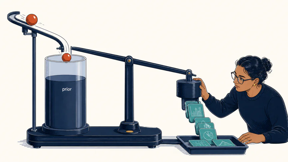 An analyst operates a balance apparatus where new evidence changes a prior probability