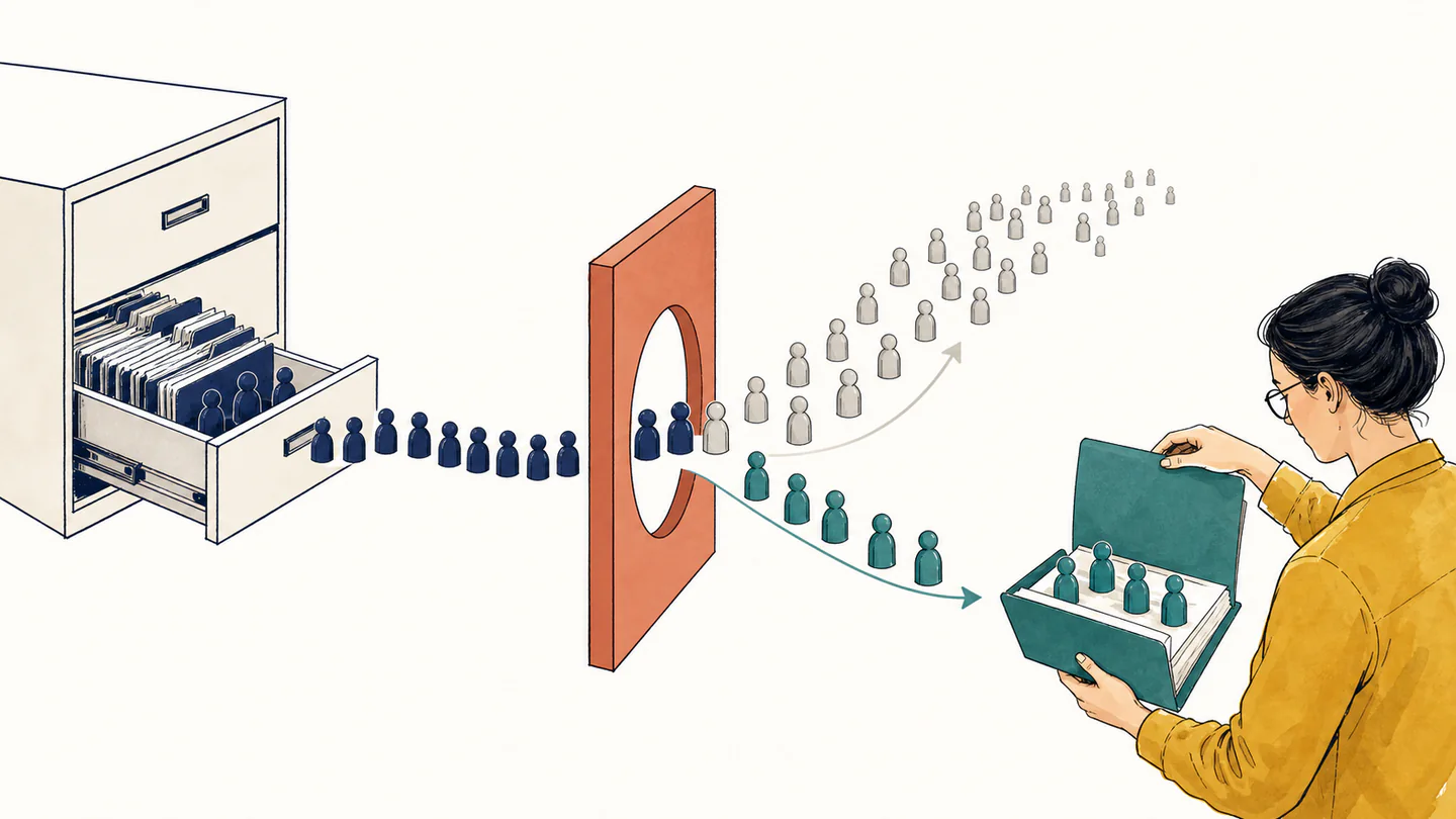 Patient tokens pass through an orange test gate, with many gray tokens diverting away and a smaller teal group collected by a clinician