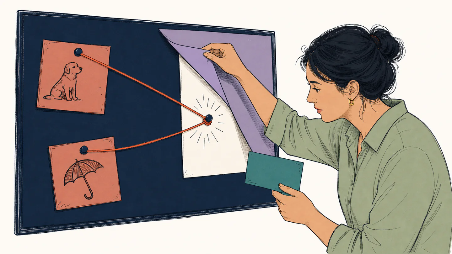 An analyst lifts a lilac cover from an evidence board to reveal two orange clue strings meeting at one shared pin