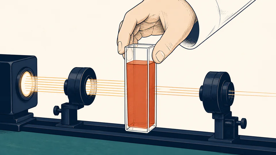 A terracotta solution in a clear cuvette sits between a bright light source and detector in a navy optical instrument