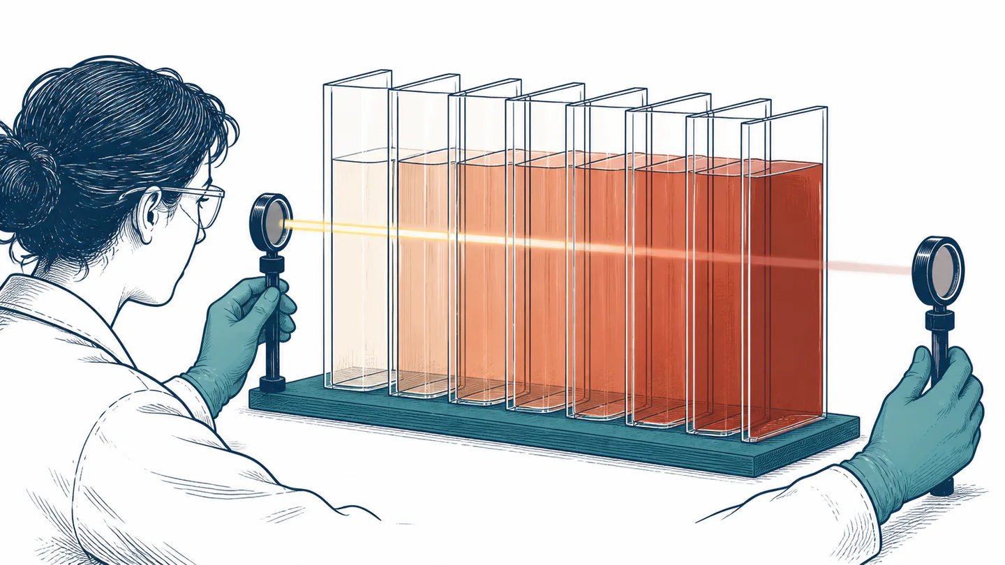 A beam crosses a sequence of increasingly deep terracotta transparent layers while a scientist compares the incoming and leaving light