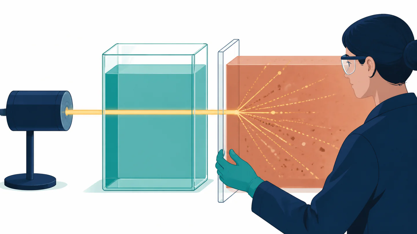 A light beam crosses a clear teal solution and then enters a cloudy terracotta sample where light scatters in multiple directions