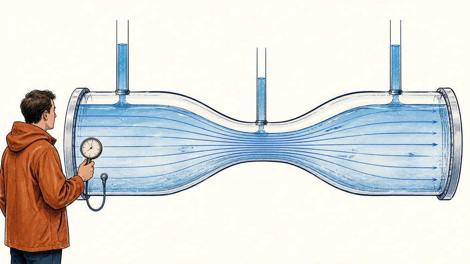 Water streamlines crowd through a transparent Venturi throat while pressure columns show a lower static level in the narrow section