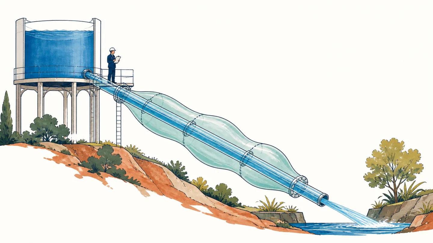 A high water tank feeds a descending transparent pipe whose broad pressure membrane narrows into a fast jet at a lower outlet