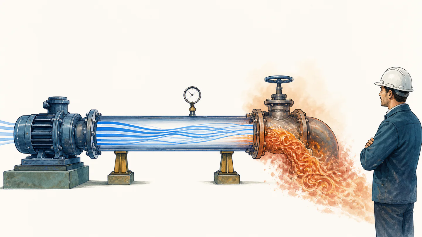 A pump drives smooth blue flow through a pipe before a valve creates orange turbulent eddies and mechanical-energy loss