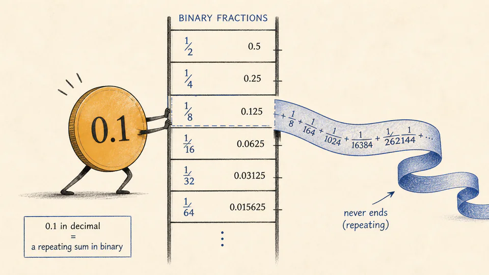 A decimal fraction trying to fit into a repeating binary fraction ladder