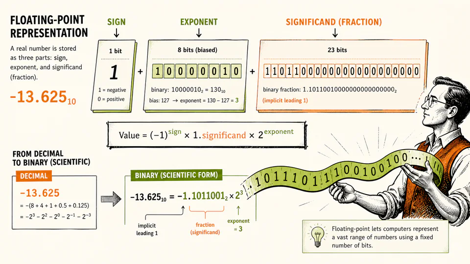 A number decomposed into sign, exponent, and significand cards