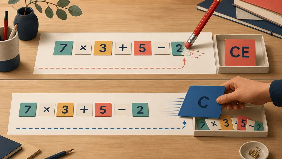 Number tiles showing CE removing one current entry while C clears the whole working line