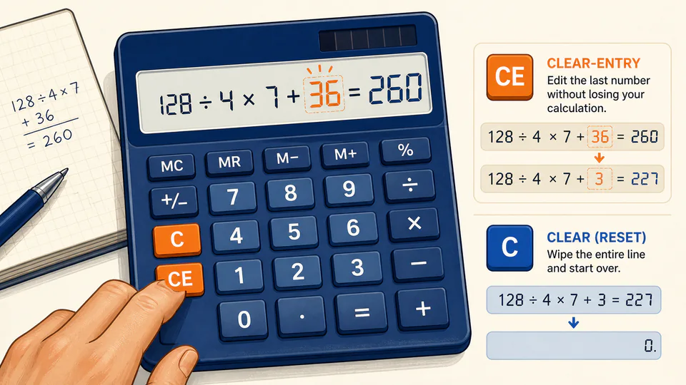 A hand editing the final number in a calculation while preserving the earlier operator chain