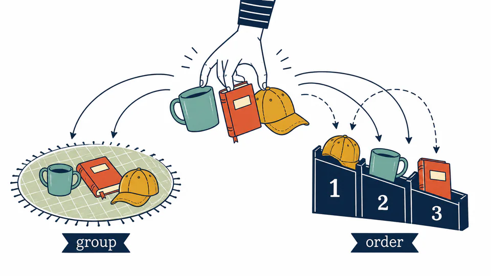 The same three objects shown as an unordered group and in ranked positions