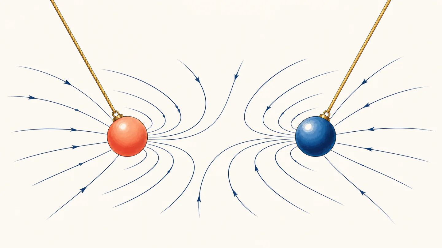 Two suspended colored charge spheres sit in a field of curved electric-field lines that bow around their interaction