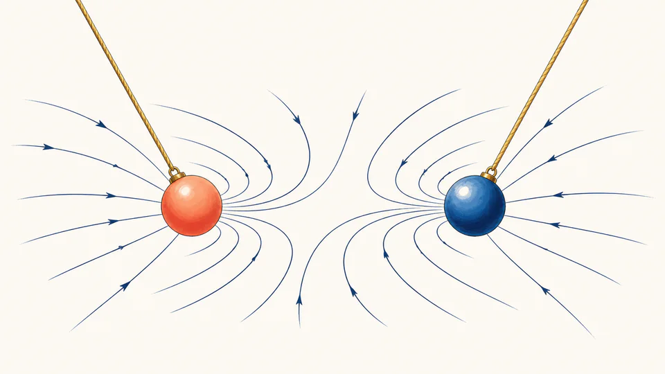 Two suspended colored charge spheres sit in a field of curved electric-field lines that bow around their interaction