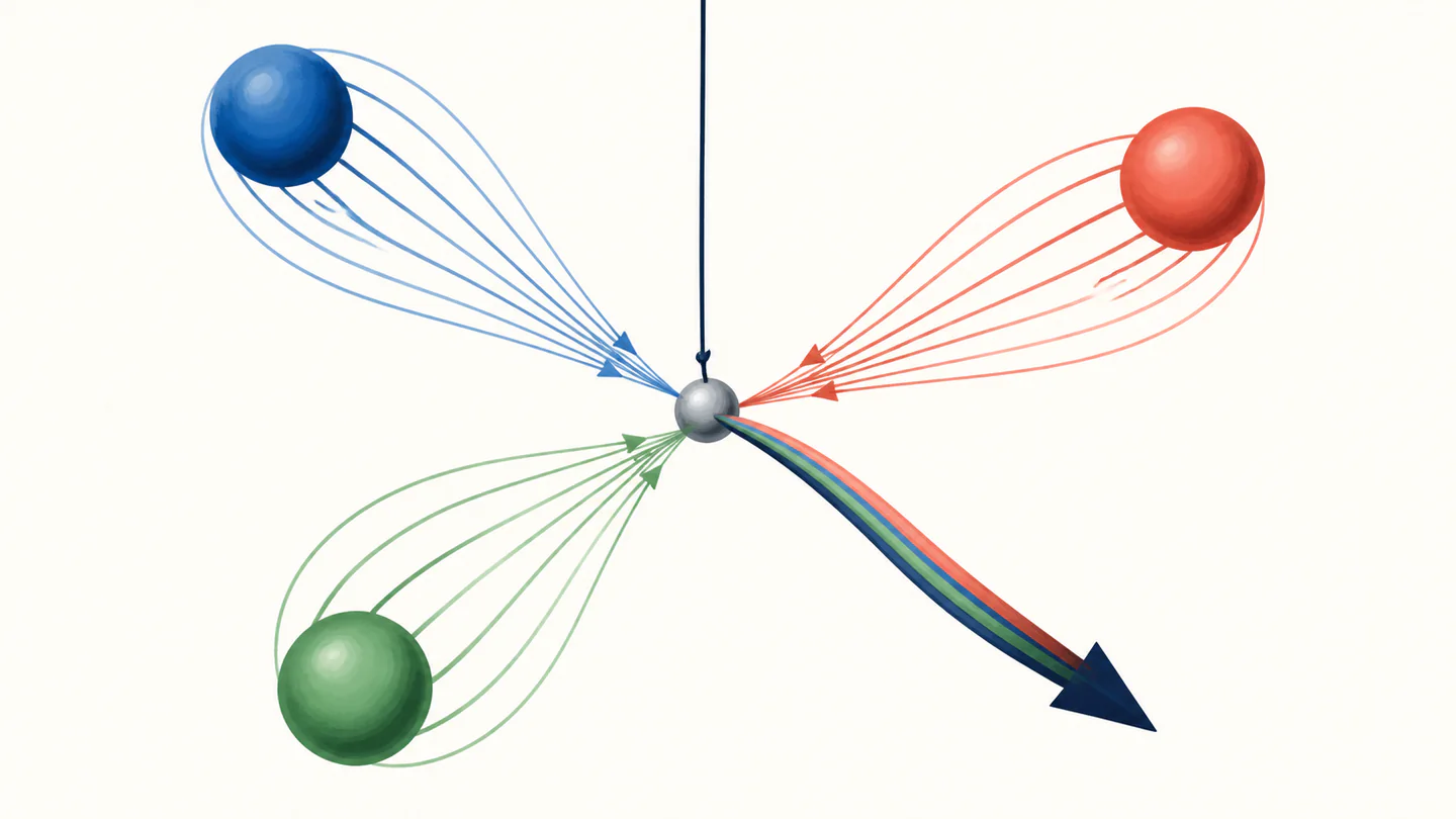 Three colored charge spheres send separate field ribbons to a suspended test bead that deflects along their vector sum