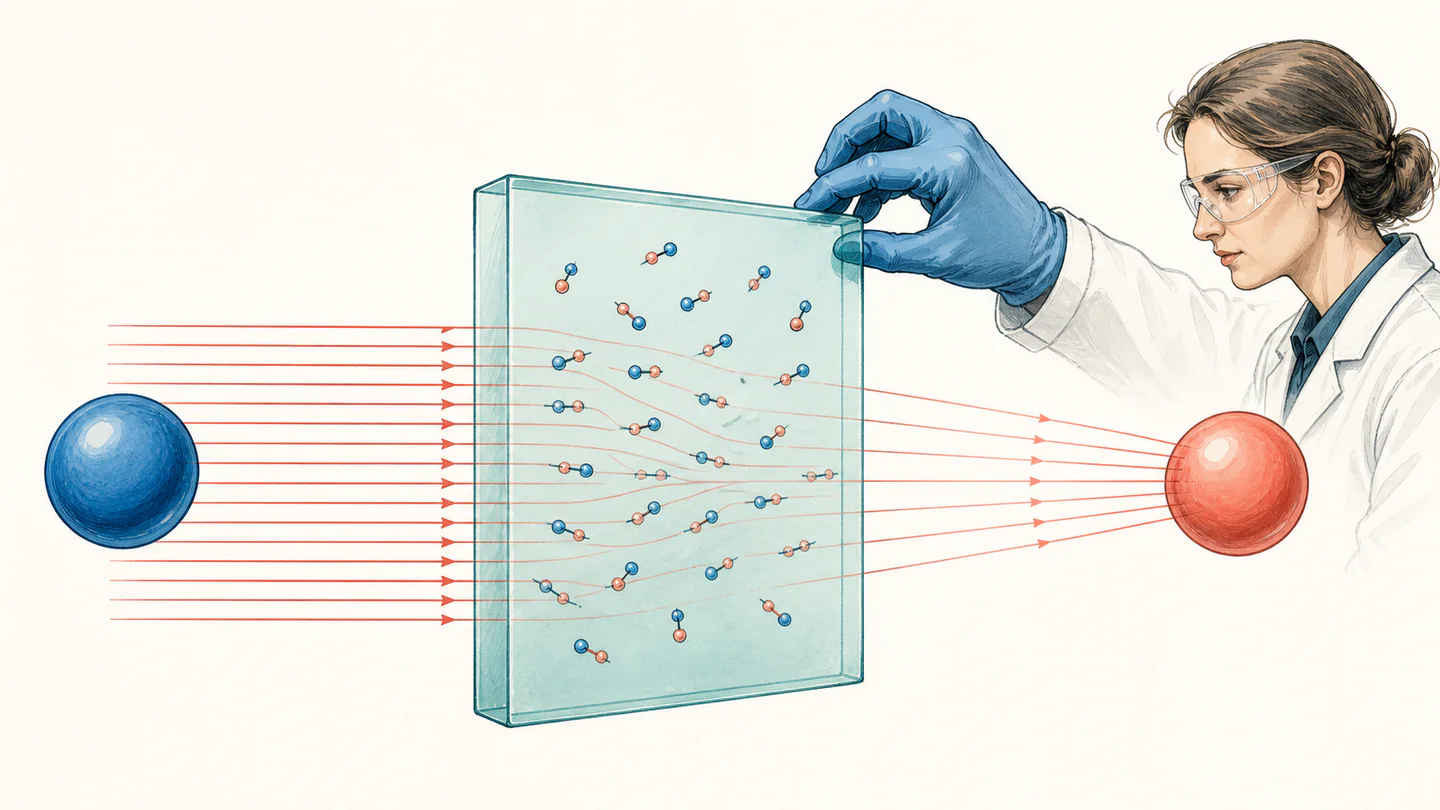 A scientist slides a translucent dielectric slab between two charges while field lines soften and spread through the material