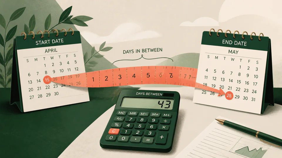 Two calendar pages connected by a measured ribbon of days and a financial calculator