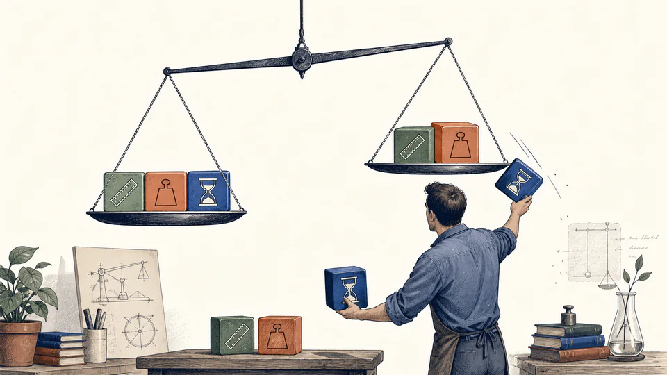 An engineer balances physical blocks representing length, mass, and time while a mismatched time block falls away