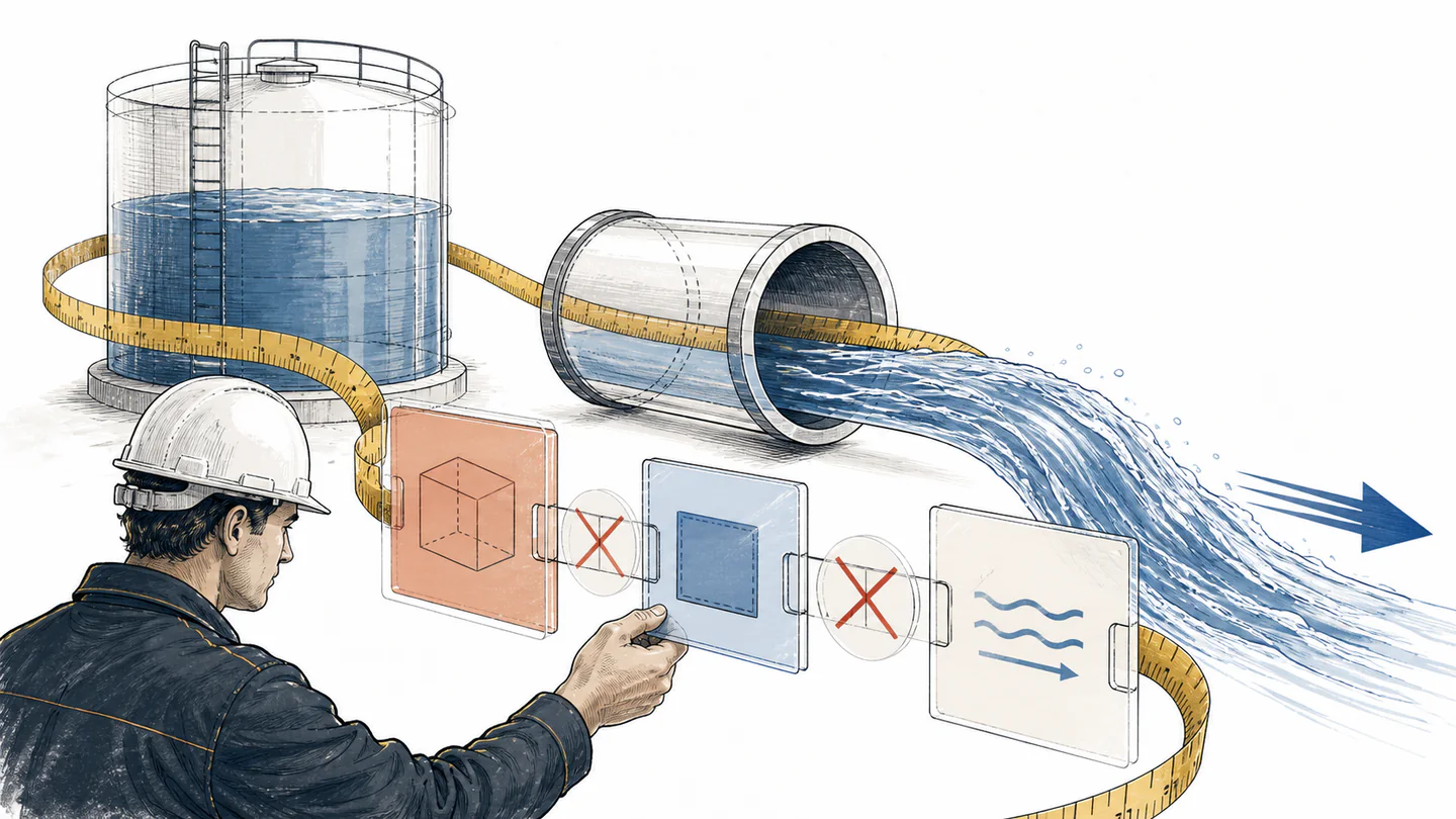 An engineer traces a measuring tape from a water tank through a pipe while dimension tiles cancel along the flow