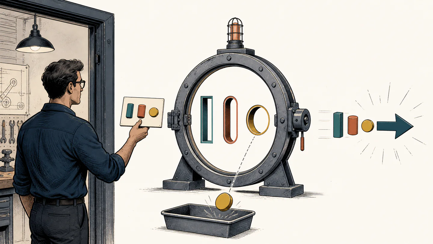 An engineer presents a set of unit-shaped pieces to an inspection gate while a mismatched piece drops into a tray