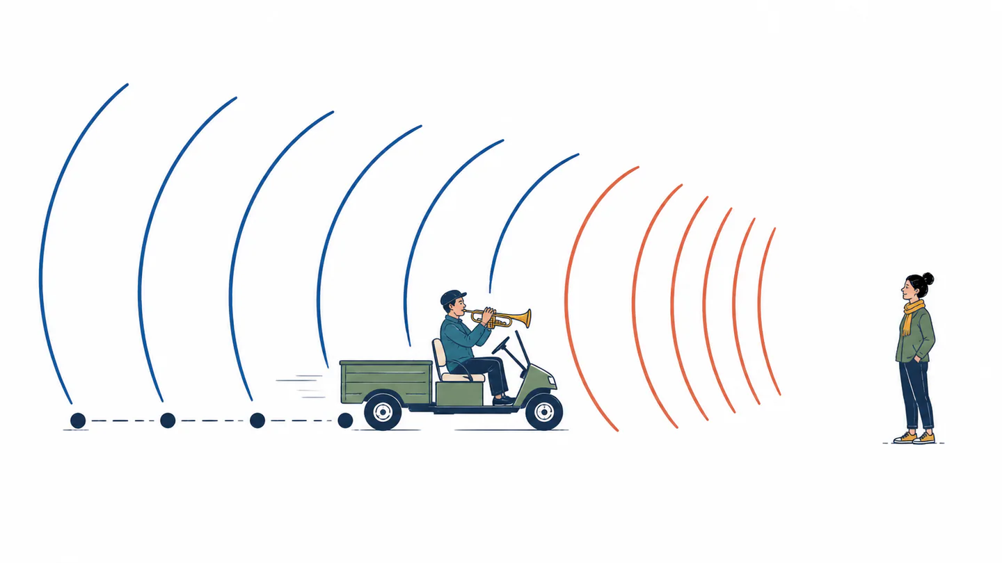 A trumpet player travels toward a listener while sound wavefronts compress in front of the moving cart and spread out behind it