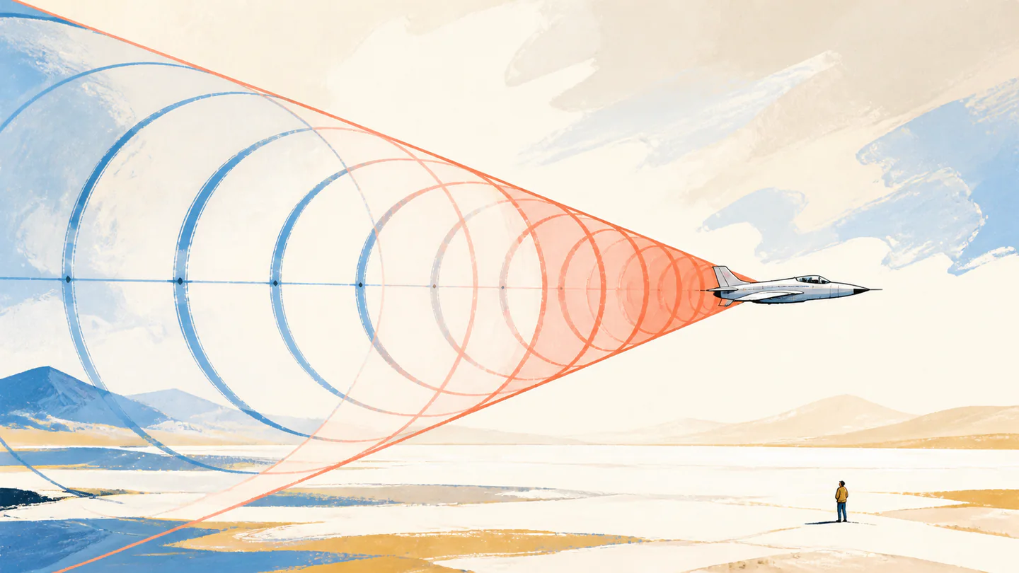 Successive sound wavefronts from a fast aircraft overlap into a sharp cone while a distant observer watches
