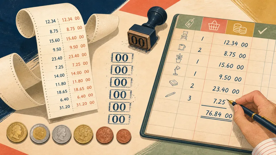 A calculator double-zero key speeding a stream of currency zeros into a receipt