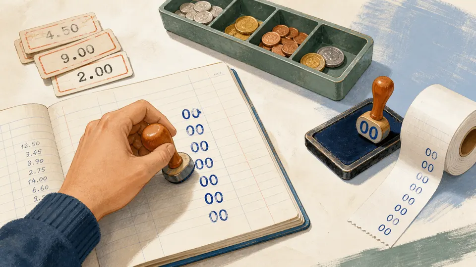 A cash-register style calculator with decimal point, zero, and double-zero keys arranged for price entry