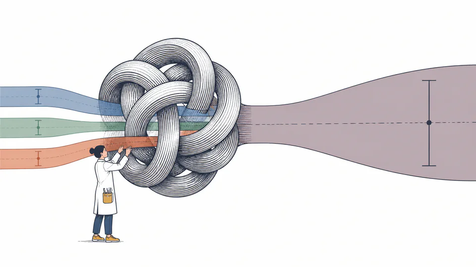 Three narrow measurement bands pass through a tangled model and emerge as one wider output band while a technician adjusts an input