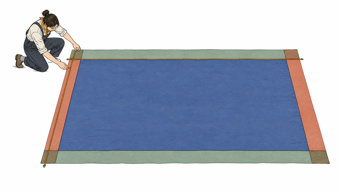 A craftsperson measures perpendicular sides of a rectangle whose colored edge bands show length and width uncertainty