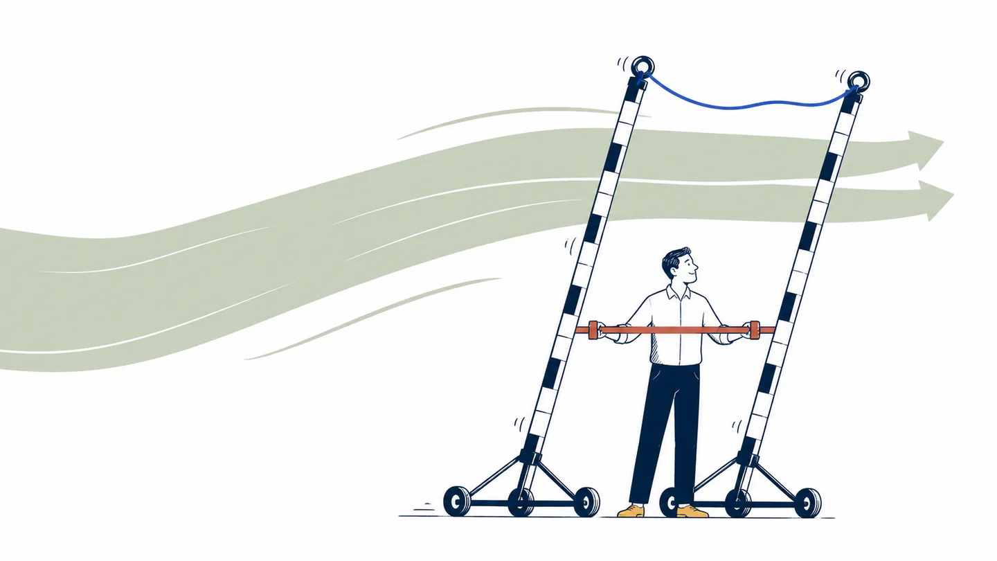 Two linked measurement stands lean together in the same wind while a person holds a nearly unchanged gap between them