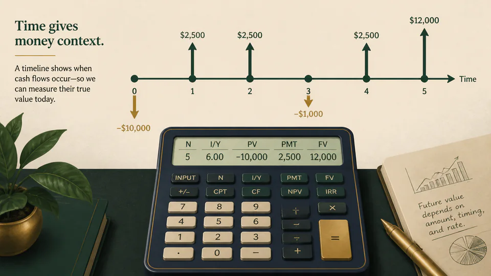 A financial calculator aligned beneath a timeline of incoming and outgoing cash flows