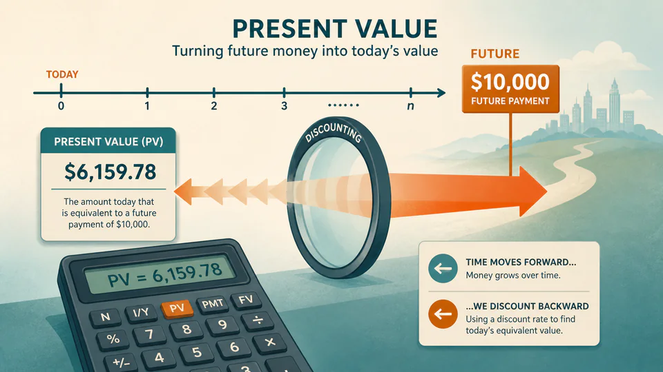 A future payment traveling backward through a discounting lens into a present-value card