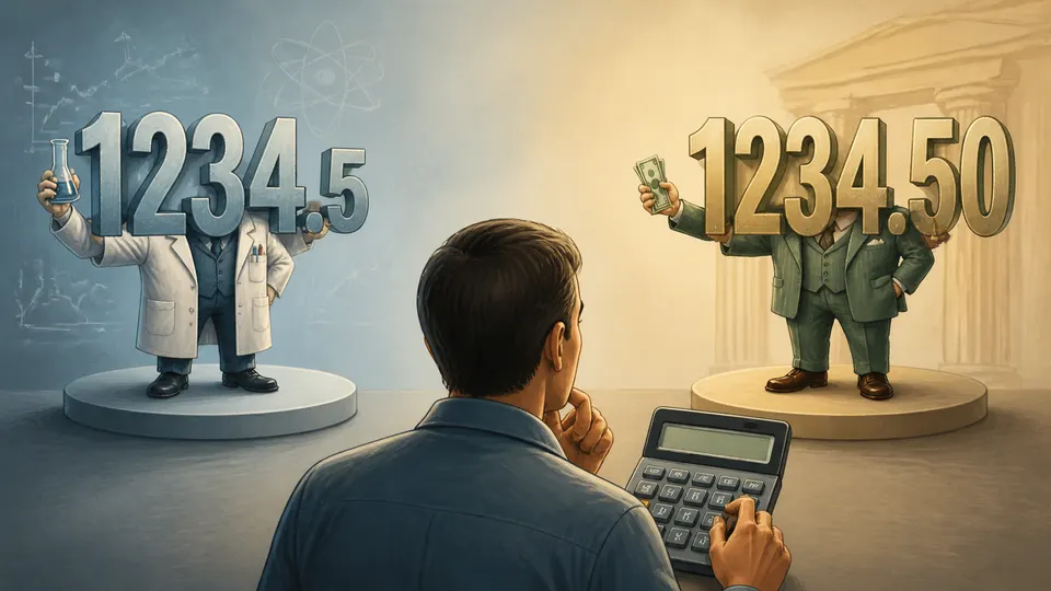 A calculator user choosing between a floating display and a money-style two-decimal display