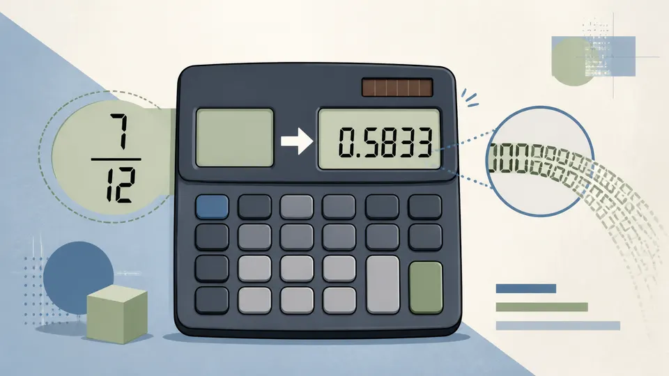 A calculator switching from an exact fraction to a decimal when the fraction grows too wide