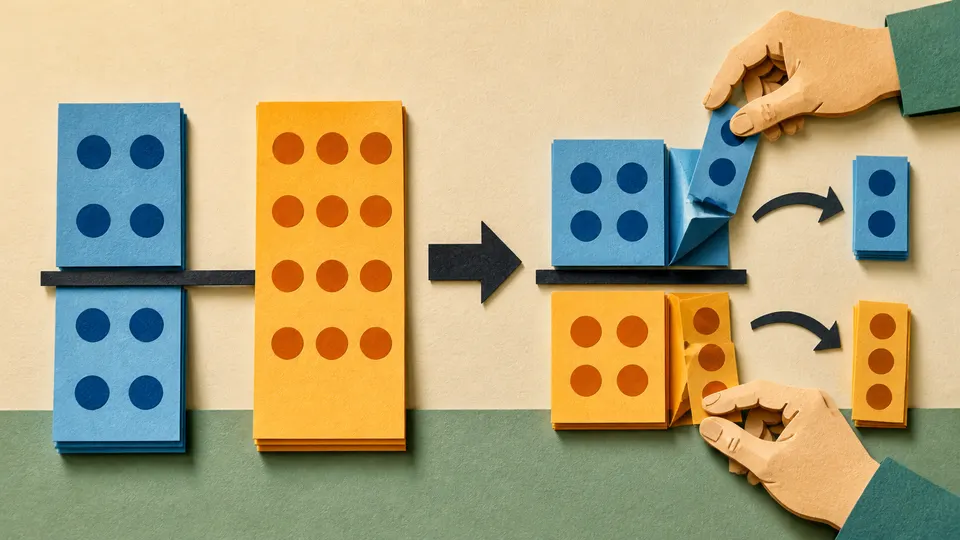 Two fraction stacks being reduced by folding out common factors