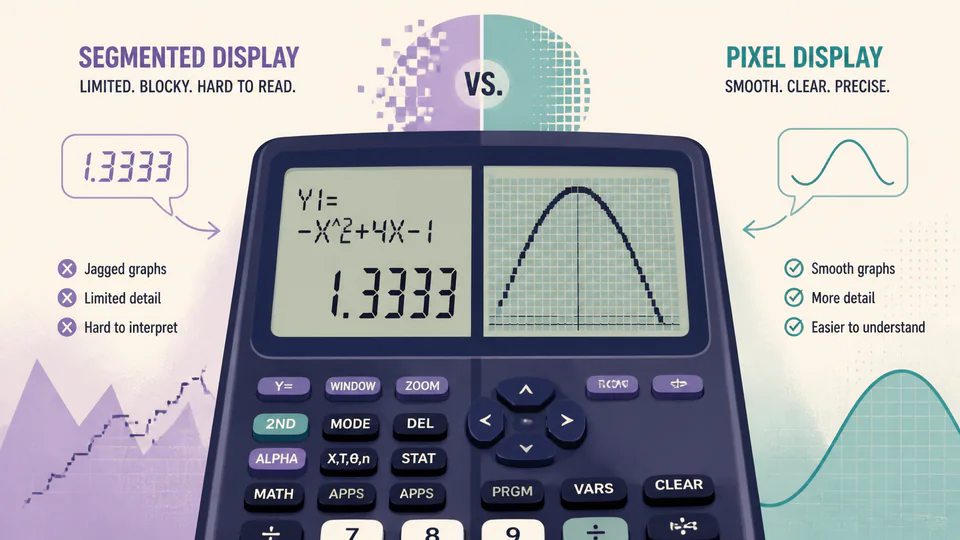 A segmented calculator display compared with a pixel screen drawing a curve