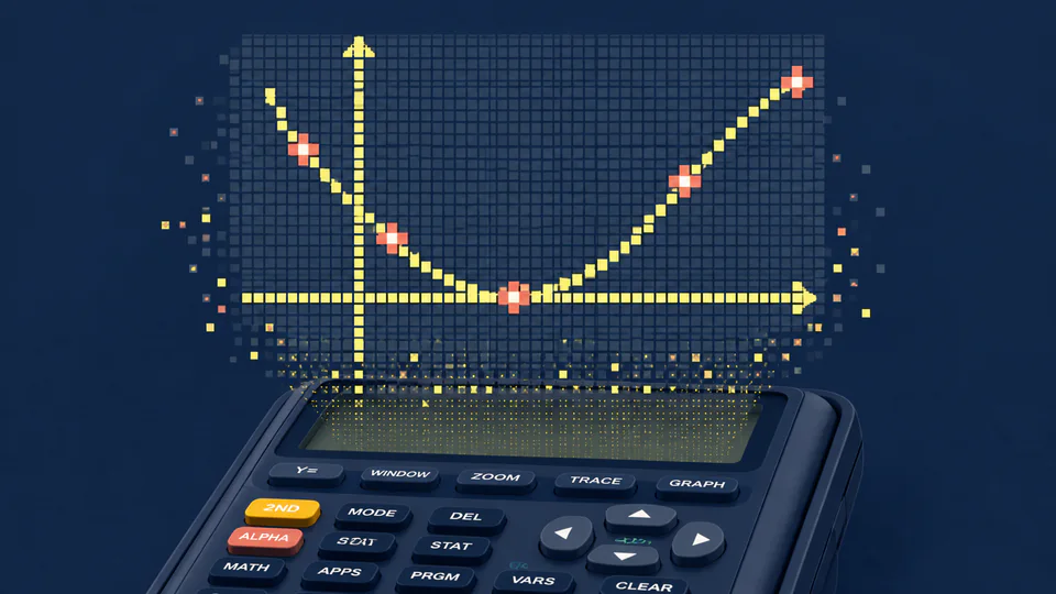 Pixels lighting in a grid to trace axes, a curve, and plotted points