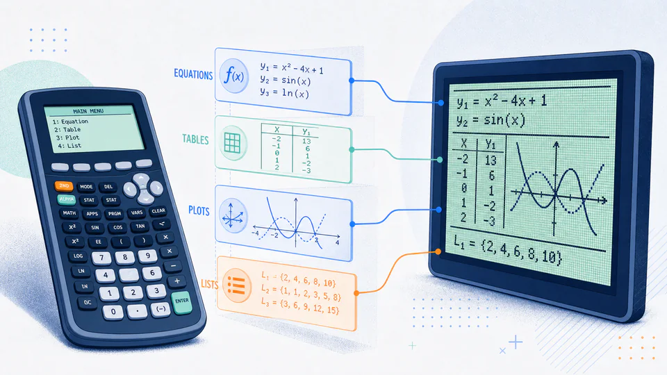 A graphing calculator with layers for equations, tables, plots, and lists