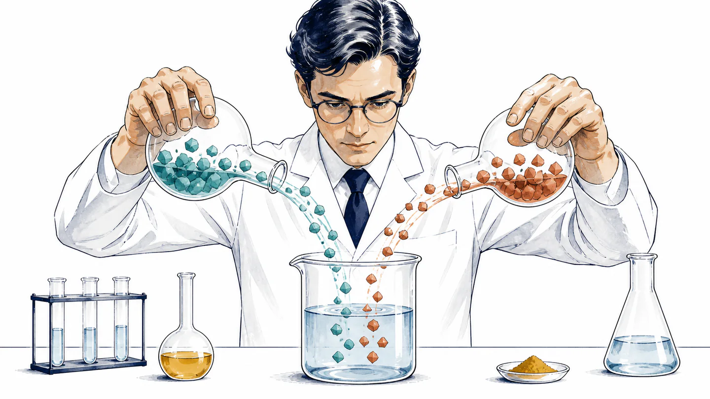 A chemist pours teal and terracotta conjugate-pair shapes into a central clear beaker